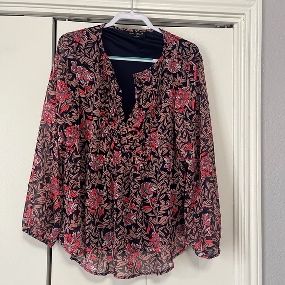 Lane Bryant Tops - Lane Bryant Floral Leaf Print Chiffon Blouse Navy Red Pink Size 14 Long Sleeve